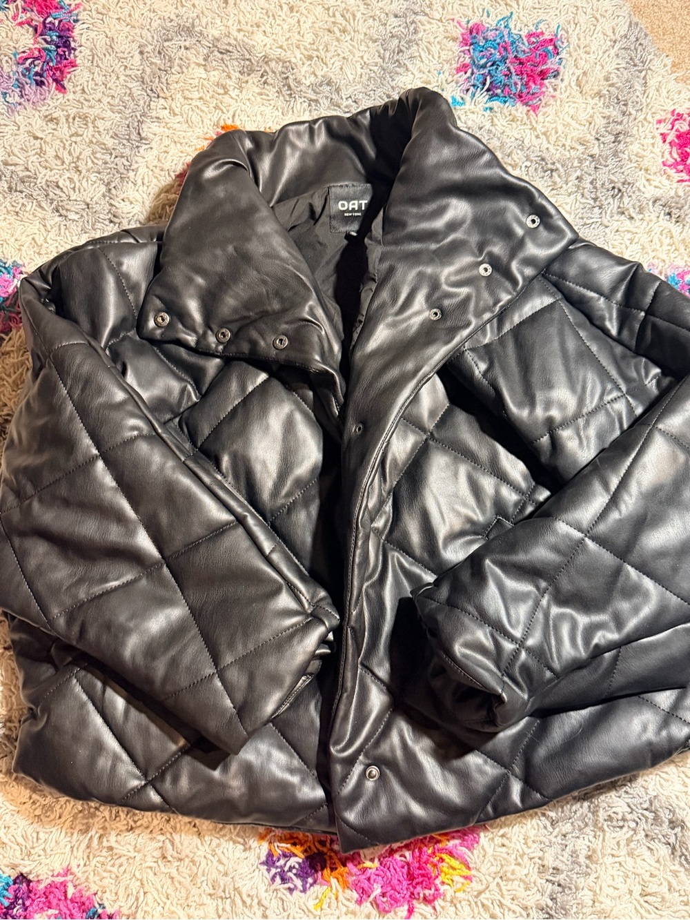 Black Quilted Faux Leather Bomber Jacket for Women